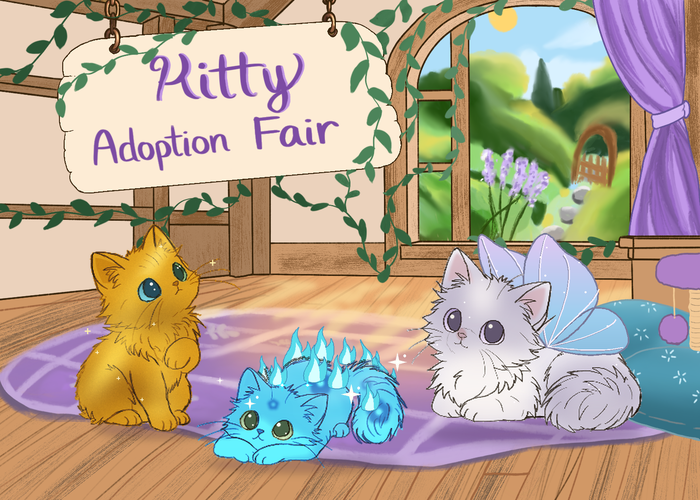 Kitty Adoption Fair, with three special kitties in a sunny cottage